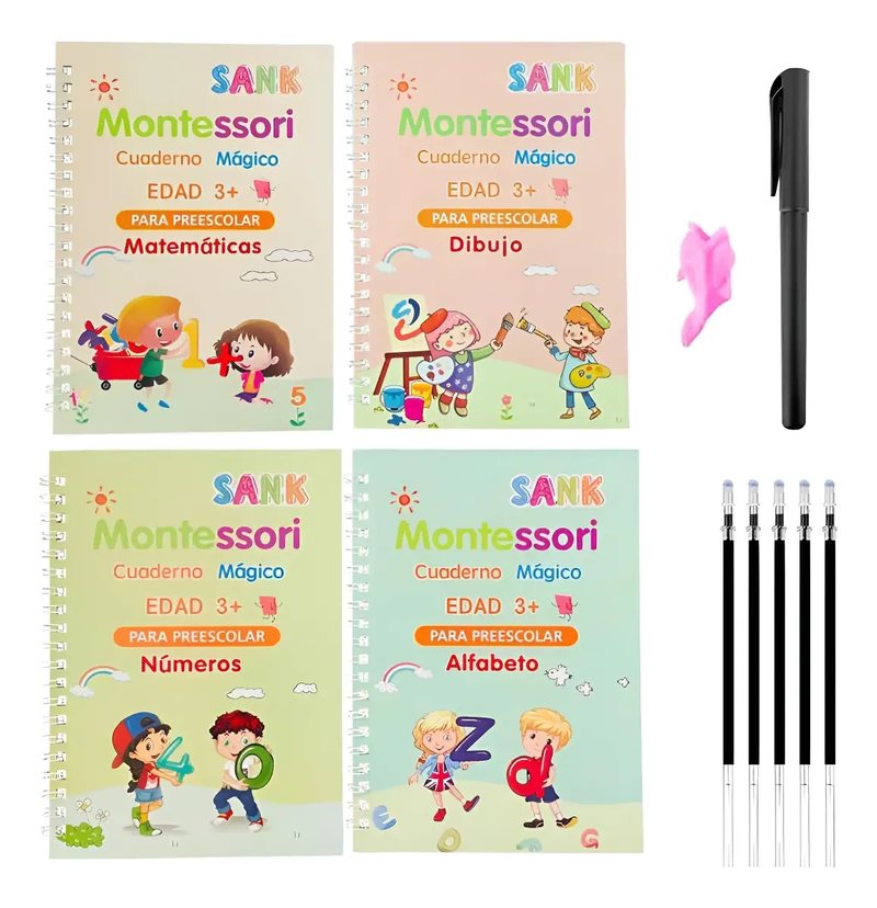 Set completo: 4 cuadernos, lapicero, guía de agarre y 5 repuestos