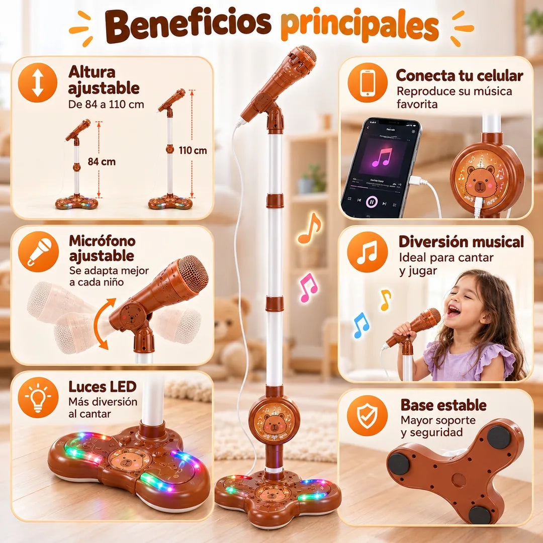 Beneficios del micrófono karaoke capibara: altura ajustable, luces LED y conexión al celular