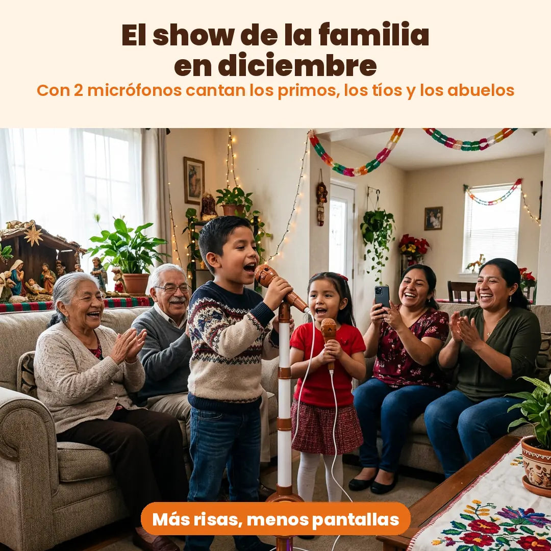Familia cantando con el micrófono karaoke capibara en diciembre