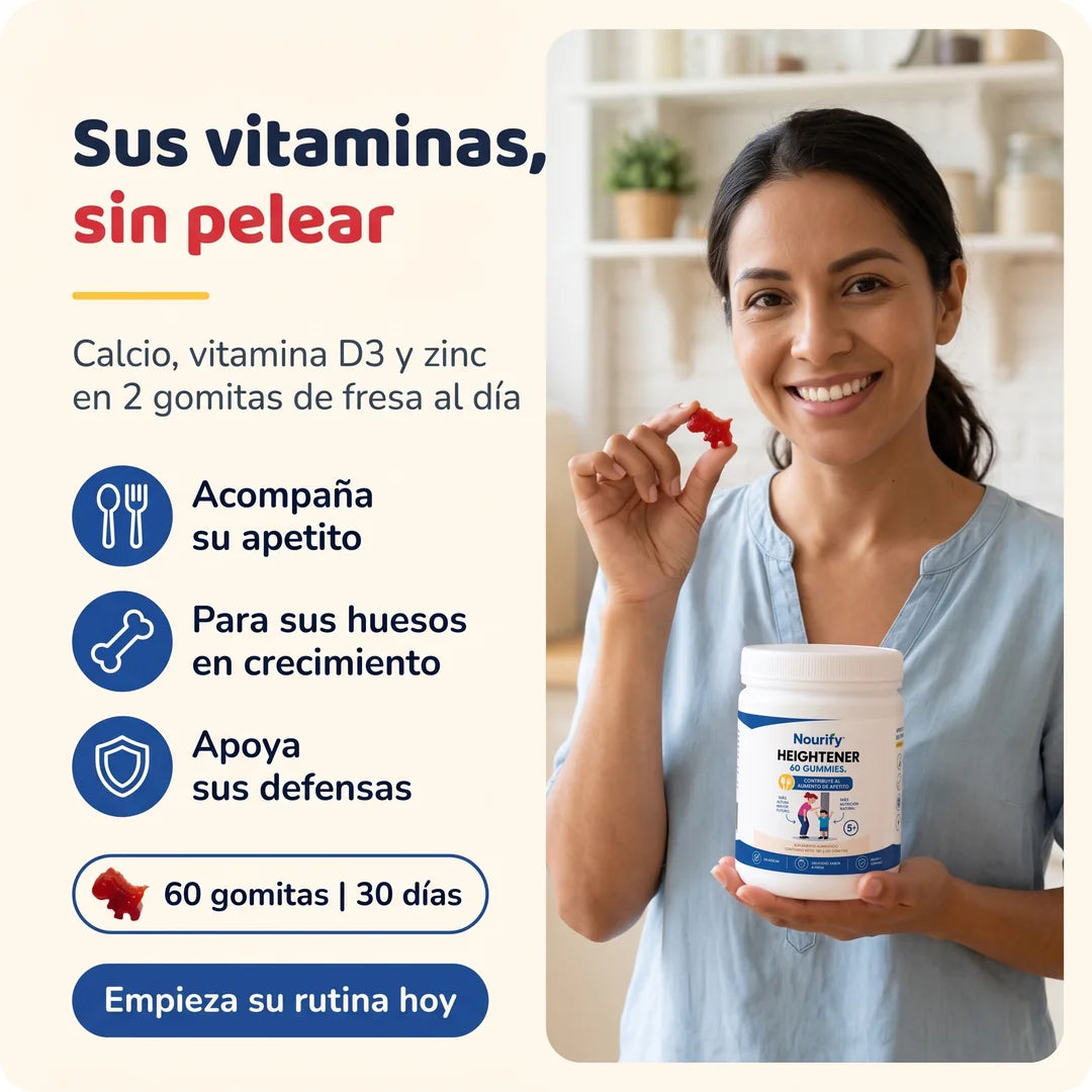 Mamá con el frasco de Dino Gomitas: sus vitaminas, sin pelear