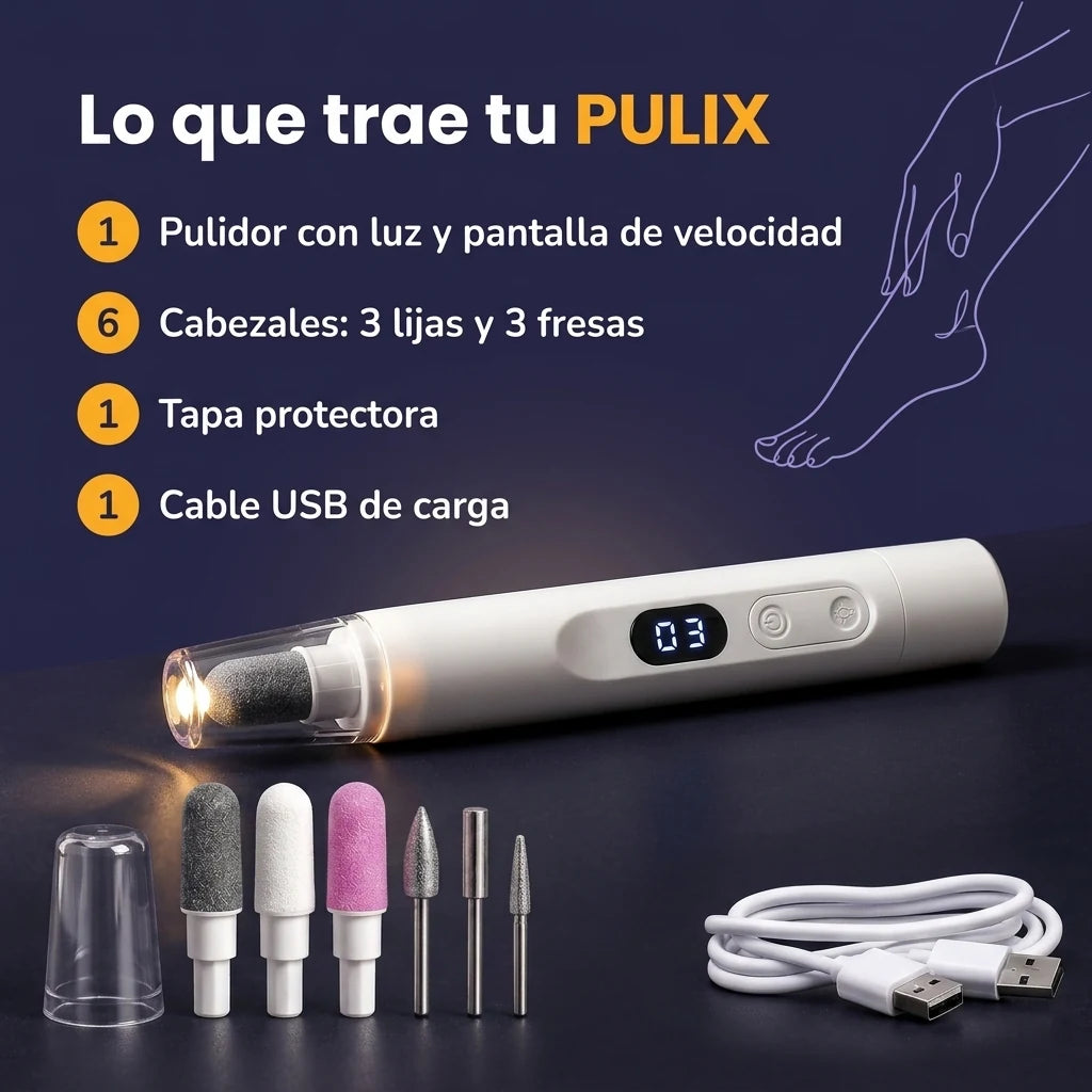Lo que trae PULIX: 6 cabezales, tapa y cable USB