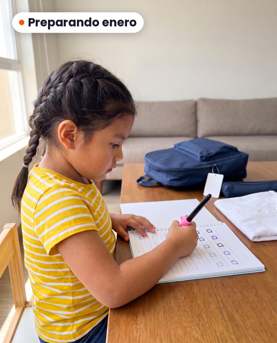 Niña con su mochila nueva practicando en el cuaderno, preparando enero