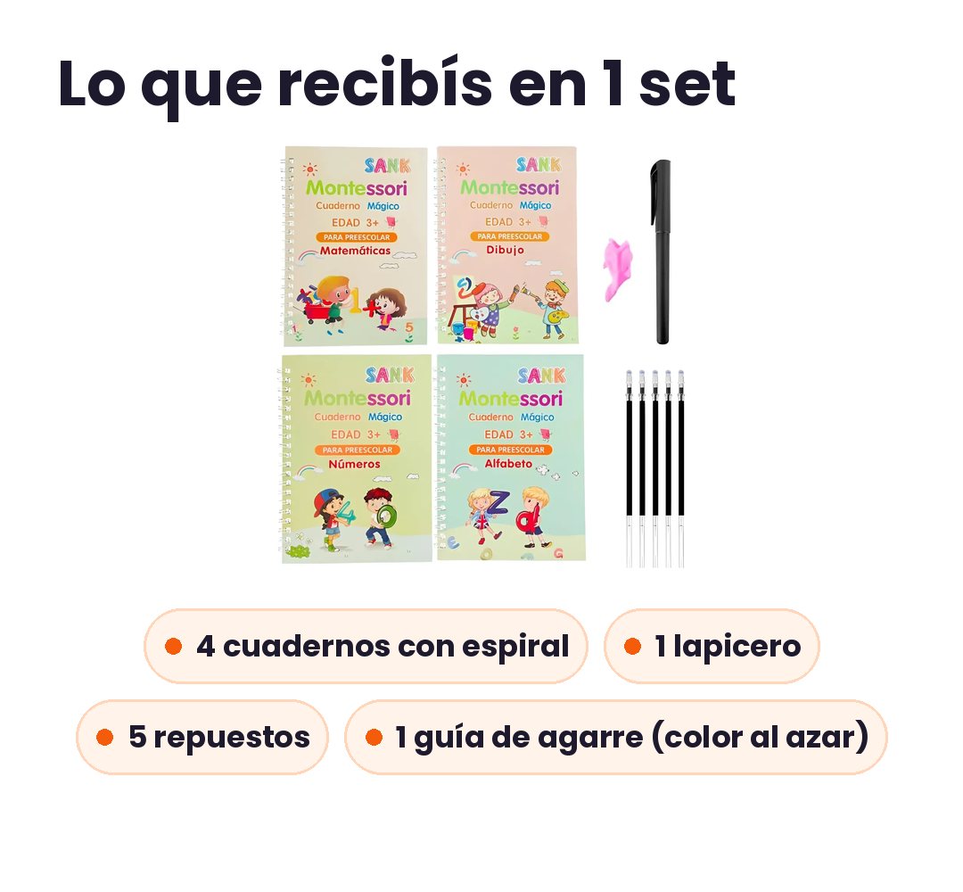 Lo que recibís en 1 set: 4 cuadernos con espiral, 1 lapicero, 5 repuestos y 1 guía de agarre de color al azar