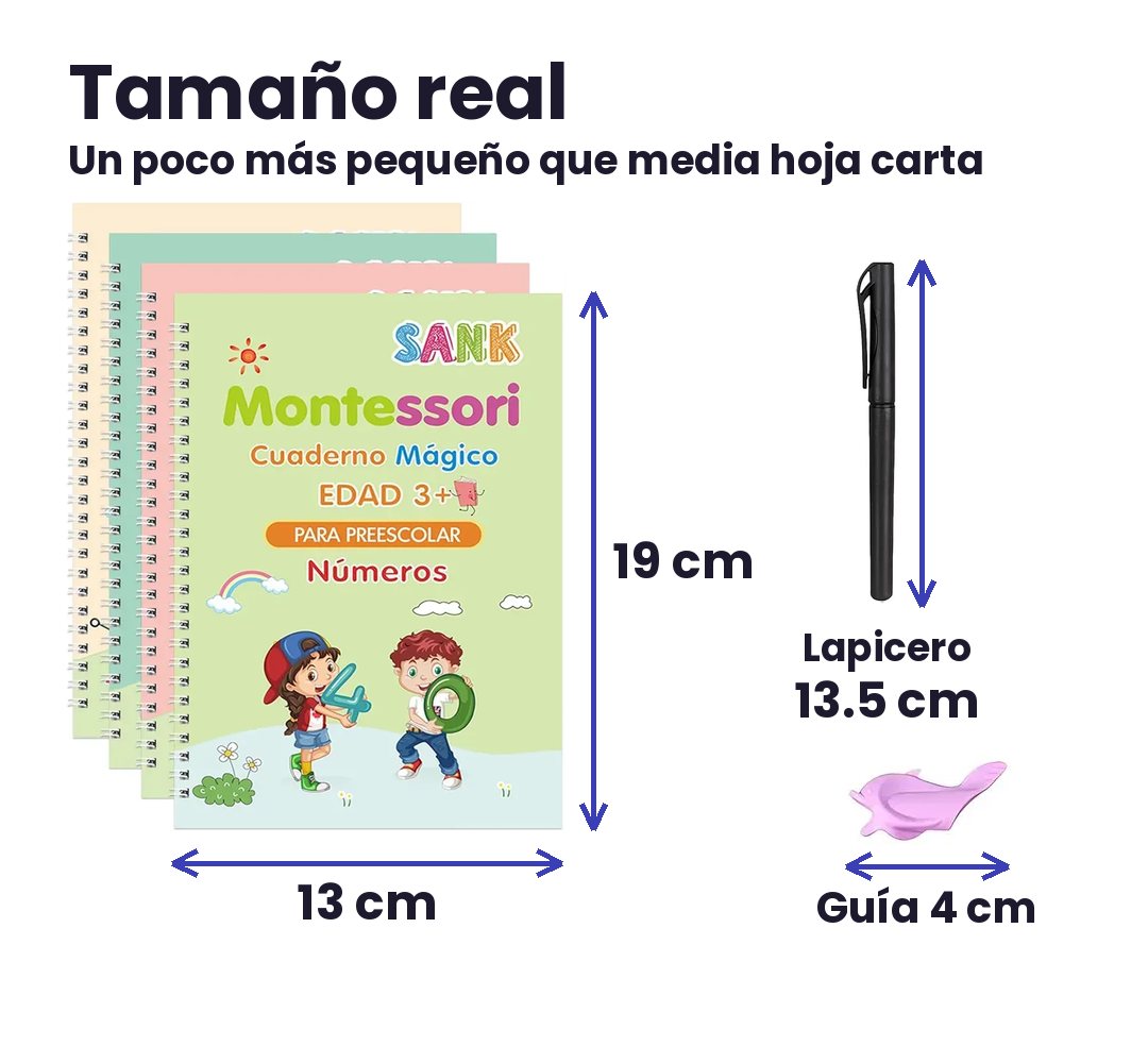 Tamaño real: cuaderno de 19 por 13 cm, lapicero de 13.5 cm y guía de 4 cm