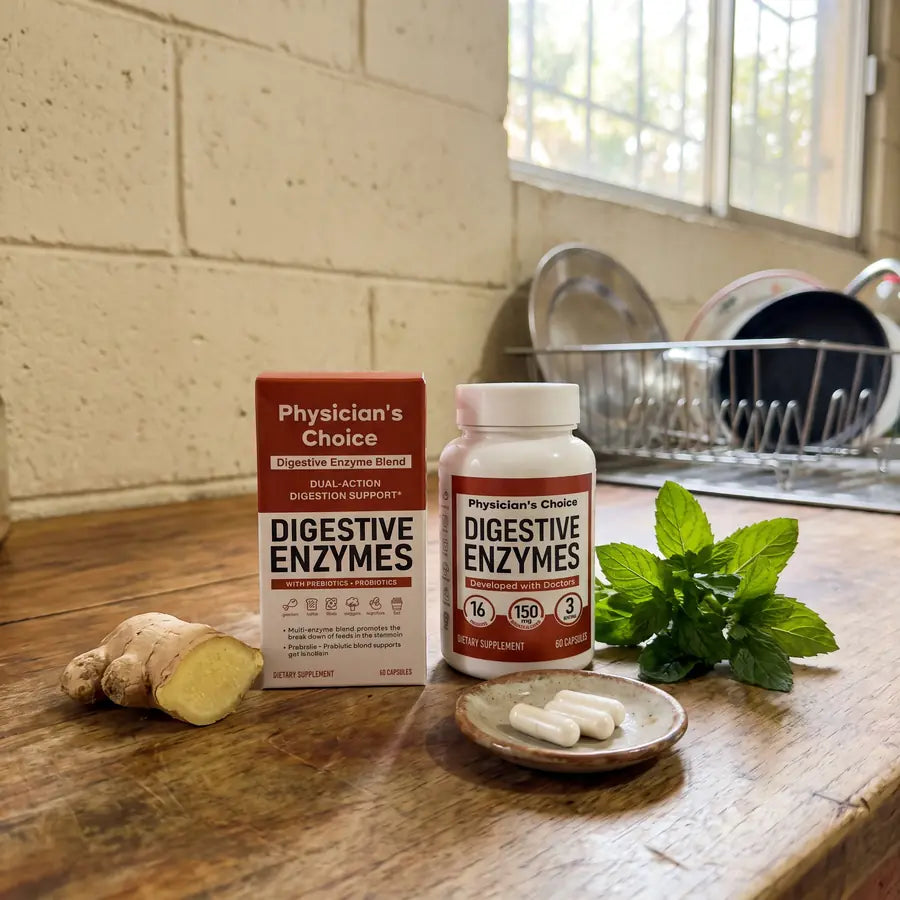 Frasco y caja de Digestive Enzymes en una cocina con jengibre y menta