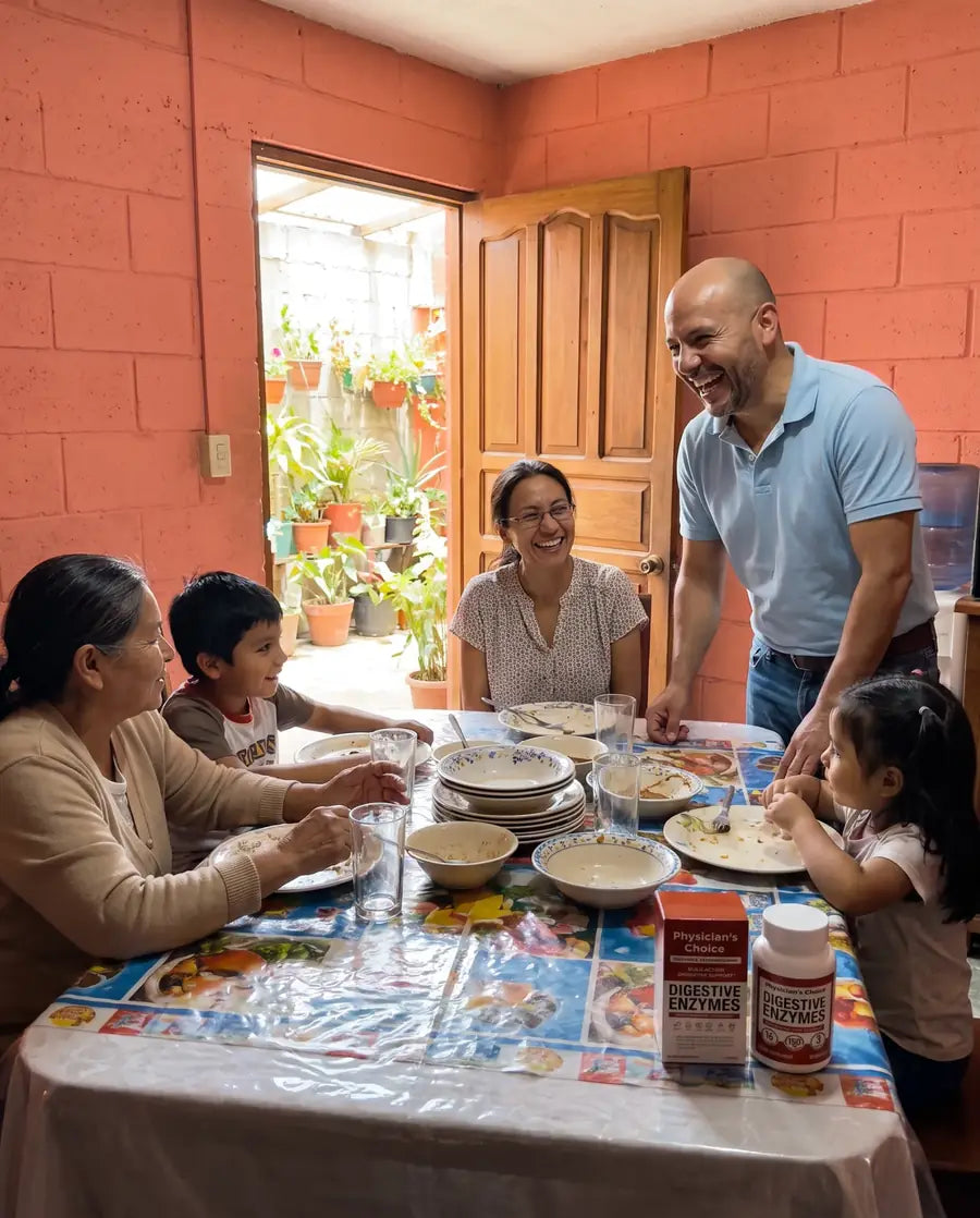 Familia riendo después del almuerzo del domingo